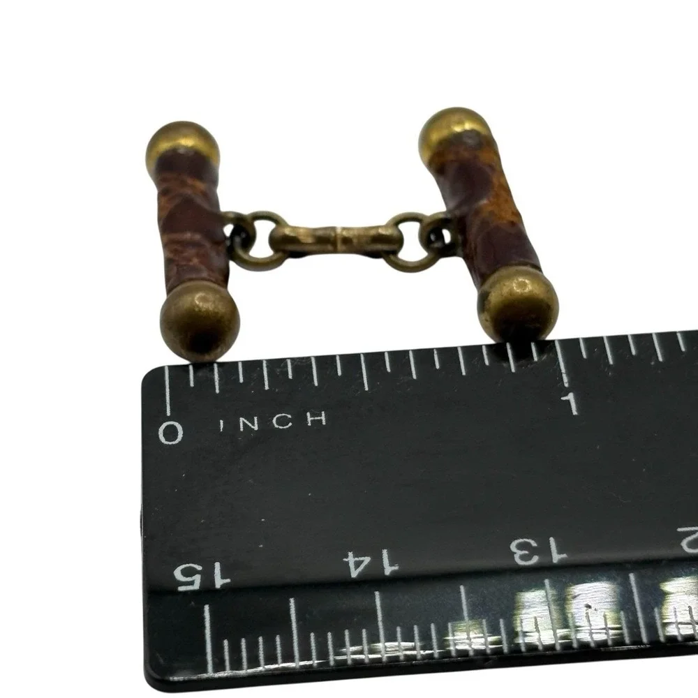 Vtg Antique Cufflinks Brown Snakeskin Leather Brass Barbell ‎ Chain Link RARE